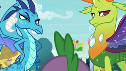 Size: 1918x1080 | Tagged: safe, derpibooru import, screencap, princess ember, spike, thorax, changedling, changeling, dragon, season 7, triple threat, dragoness, ember is not amused, female, frown, hand on hip, king thorax, thorax is not amused, trio, unamused