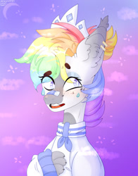 Size: 1280x1636 | Tagged: safe, artist:nikachyy, derpibooru import, oc, oc only, hybrid, pony, clothes, crescent moon, crown, eye clipping through hair, jewelry, moon, multicolored hair, rainbow hair, regalia, smiling, solo