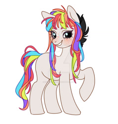 Size: 1280x1346 | Tagged: safe, artist:kusacakusaet, derpibooru import, oc, oc only, earth pony, pony, blushing, deviantart watermark, earth pony oc, female, freckles, grin, looking at you, mare, multicolored hair, multicolored mane, multicolored tail, obtrusive watermark, raised hoof, raised leg, simple background, smiling, smiling at you, solo, watermark, white background