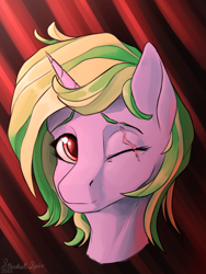 Size: 1800x2400 | Tagged: safe, artist:stardustspix, oc, oc only, oc:iron sonata, pony, unicorn, fallout equestria, abstract background, bust, cute, female, filly, foal, looking at you, ocbetes, one eye closed, pink coat, portrait, red eyes, scar, smiling, two toned mane, wink, winking at you