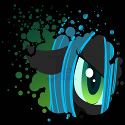 Size: 1400x1400 | Tagged: safe, artist:joellethenose, derpibooru import, queen chrysalis, changeling, changeling queen, angry, black background, close-up, ears, female, floppy ears, looking at you, paint splatter, simple background, solo, watermark