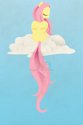 Size: 1200x1800 | Tagged: safe, artist:joellethenose, derpibooru import, fluttershy, pegasus, pony, blue background, cloud, eyes closed, female, folded wings, light blue background, lineless, long tail, mare, obtrusive watermark, on a cloud, rear view, simple background, sitting, sitting on cloud, solo, tail, watermark, wings