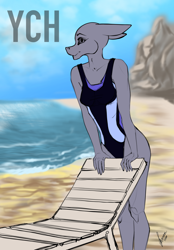 Size: 1640x2360 | Tagged: safe, artist:stirren, derpibooru import, anthro, beach, beach chair, chair, clothes, commission, female, ocean, one-piece swimsuit, solo, summer, swimsuit, water, your character here