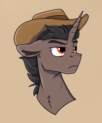 Size: 1077x1297 | Tagged: safe, artist:rutkotka, derpibooru import, oc, oc only, pony, unicorn, commission, cowboy hat, hat, simple background, solo, tan background, ych result