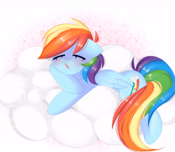 Size: 8000x6981 | Tagged: safe, artist:franshushu, derpibooru import, rainbow dash, pegasus, pony, absurd resolution, blushing, cloud, commission, eyebrows, eyebrows visible through hair, eyes closed, female, lying down, lying on a cloud, mare, on a cloud, open mouth, prone, sleeping, sleepy, solo