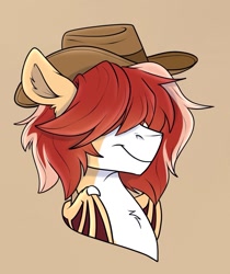 Size: 1145x1365 | Tagged: safe, artist:rutkotka, derpibooru import, oc, oc only, bat pony, pony, commission, cowboy hat, hat, simple background, solo, tan background, ych result