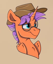 Size: 1145x1381 | Tagged: safe, artist:rutkotka, derpibooru import, oc, oc only, alicorn, pony, alicorn oc, commission, cowboy hat, hat, horn, simple background, solo, tan background, wings, ych result