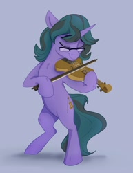 Size: 1600x2068 | Tagged: safe, artist:rutkotka, derpibooru import, oc, oc only, pony, unicorn, bipedal, eyes closed, glasses, hoof hold, musical instrument, solo, violin