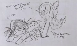 Size: 770x459 | Tagged: safe, artist:snowzaaah, derpibooru import, applejack, rainbow dash, earth pony, pegasus, pony, alternate hairstyle, appledash, bruised, dagger, doodle, female, harmony exam au, knife, lesbian, monochrome, pencil drawing, shipping, sketch, traditional art, violence, weapon