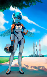 Size: 2000x3279 | Tagged: safe, artist:mrscroup, derpibooru import, oc, oc only, oc:siriusnavigator, anthro, pegasus, plantigrade anthro, astronaut, hand on hip, looking at you, rocket, smiling, solo, spacesuit, spread wings, wings