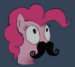 Size: 904x815 | Tagged: safe, artist:splerp, derpibooru import, pinkie pie, earth pony, pony, blue background, bust, facial hair, female, mare, moustache, simple background