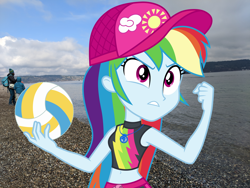 Size: 2828x2121 | Tagged: safe, artist:cloudyglow, artist:wynterstar93, derpibooru import, rainbow dash, equestria girls, beach, cap, equestria girls in real life, female, hat, high res, irl, photo, sports, volleyball