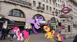 Size: 3294x1821 | Tagged: safe, artist:cloudyglow, artist:hubfanlover678, artist:reginault, artist:sketchmcreations, artist:tamalesyatole, derpibooru import, pinkie pie, scootaloo, sunset shimmer, twilight sparkle, twilight sparkle (alicorn), alicorn, earth pony, pegasus, pony, unicorn, england, female, filly, foal, irl, london, mare, photo, ponies in real life