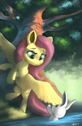 Size: 3200x4900 | Tagged: safe, artist:auroriia, derpibooru import, fluttershy, pegasus, pony, rabbit, :o, animal, cute, female, high res, leg fluff, mare, open mouth, river, shyabetes, solo, spread wings, tree, water, wing hands, wings