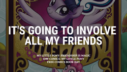 Size: 1280x720 | Tagged: safe, derpibooru import, edit, editor:quoterific, idw, pinkie pie, twilight sparkle, twilight sparkle (alicorn), alicorn, earth pony, pony, duo, duo female, female, free comics book day, mare, smiling, spread wings, text, wings