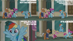 Size: 1280x720 | Tagged: safe, derpibooru import, edit, edited screencap, editor:quoterific, screencap, rainbow dash, earth pony, pegasus, pony, unicorn, season 6, the saddle row review, eyes closed, female, flying, grin, mare, open mouth, open smile, smiling, spread wings, text, walking, wings
