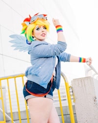 Size: 1080x1349 | Tagged: safe, artist:roseygcosplay, derpibooru import, rainbow dash, human, clothes, cosplay, costume, goggles, irl, irl human, multicolored hair, photo, rainbow hair, solo