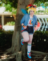 Size: 1080x1350 | Tagged: safe, artist:roseygcosplay, derpibooru import, rainbow dash, human, clothes, cosplay, costume, goggles, irl, irl human, multicolored hair, photo, rainbow hair, solo