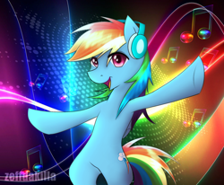 Size: 1942x1603 | Tagged: safe, artist:zeffdakilla, derpibooru import, rainbow dash, pegasus, pony, abstract background, arms in the air, headphones, looking at you, music notes, neon, rainbow, smilin, smiling, smiling at you, solo, standing