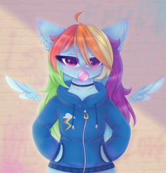 Size: 2300x2400 | Tagged: safe, artist:saltyvity, derpibooru import, rainbow dash, anthro, pegasus, pony, rainbow rocks, blue pony, blushing, bubble, clothes, cool, cute, ear fluff, ears, embarrassed, food, gold, graffiti, gum, hoodie, multicolored hair, piercing, pink eyes, rainbow, rainbow hair, solo