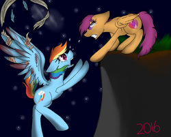 Size: 1024x825 | Tagged: safe, artist:crumblinglight-yass, derpibooru import, rainbow dash, scootaloo, pegasus, pony, 2016, bandage, blood, cliff, crying, duo, ears, falling, female, filly, floppy ears, foal, folded wings, grass, gritted teeth, injured, mare, night, outdoors, reaching, redraw, spread wings, tears of fear, tears of sadness, teeth, this will end in death, wings