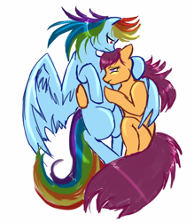 Size: 1400x1600 | Tagged: safe, artist:yorukami, derpibooru import, rainbow dash, scootaloo, pegasus, pony, duo, female, frown, holding each other, hoof on head, hug, lesbian, mare, missing cutie mark, older, older scootaloo, sad, scootadash, shipping, simple background, white background, winghug, wings