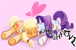 Size: 2937x1952 | Tagged: safe, artist:doodledonutart, derpibooru import, applejack, rarity, earth pony, pony, unicorn, eyes closed, female, heart, lesbian, open mouth, rarijack, shipping, sleeping, smiling, snoring