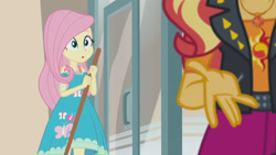 Size: 3410x1920 | Tagged: safe, derpibooru import, screencap, fluttershy, sunset shimmer, better together, equestria girls, so much more to me, :o, broom, clothes, cute, cutie mark on clothes, duo, duo female, female, geode of empathy, geode of fauna, high res, jewelry, leather, leather vest, magical geodes, necklace, open mouth, shyabetes, vest