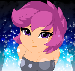 Size: 1163x1106 | Tagged: safe, artist:rosemile mulberry, derpibooru import, scootaloo, equestria girls, boobaloo, breasts, bust, cleavage, clothes, cute, cutealoo, female, looking at you, older, older scootaloo, raised eyebrow, smiling, smiling at you, solo, sparkles, tanktop, updated design