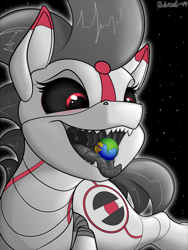 Size: 1683x2243 | Tagged: safe, artist:rubiont, derpibooru import, oc, oc:rubiont, pony, robot, robot pony, 8/8, macro, macro/micro, open mouth, planet, space, tongue, tongue out, uvula, vore, vore day, voreday 2022