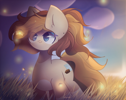 Size: 2400x1900 | Tagged: safe, artist:miryelis, derpibooru import, firefly, oc, oc only, earth pony, pony, cloud, cutie mark, field, gradient hooves, sky, smiling, solo, standing, sunset, windswept mane