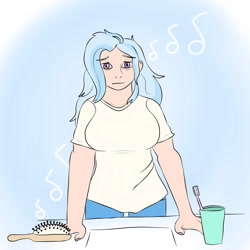 Size: 1280x1280 | Tagged: safe, artist:japaw, derpibooru import, trixie, human, bathroom, breasts, brush, clothes, cup, female, hairbrush, humanized, messy hair, music notes, pants, shirt, sink, solo, t-shirt, toothbrush