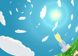 Size: 3987x2880 | Tagged: safe, artist:drakang, derpibooru import, derpy hooves, pegasus, pony, cloud, female, flower, grass, mare, rear view, relaxing, sitting, sky, solo, summer, sun