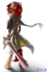 Size: 850x1307 | Tagged: safe, artist:fnb, derpibooru import, oc, oc only, oc:炎魔, semi-anthro, armor, cape, clothes, looking at you, scarf, solo, sword, weapon