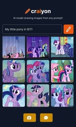 Size: 1125x1875 | Tagged: safe, derpibooru import, machine learning generated, earth pony, pegasus, pony, 9/11, artificial intelligence, cloud, craiyon, dall·e mini, deformed, sky, skyscraper