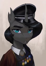 Size: 1448x2048 | Tagged: safe, artist:mrscroup, derpibooru import, oc, oc only, changeling, equestria at war mod, cap, clothes, hat, looking at you, solo, uniform