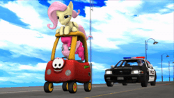 Size: 600x338 | Tagged: safe, artist:jarmasxd, derpibooru import, fluttershy, pinkie pie, twilight sparkle, earth pony, human, pegasus, pony, equestria girls, 3d, animated, car, chase, cozy coupe, ford, ford crown victoria, gif, highway, police, police car, sky, smiling, vehicle