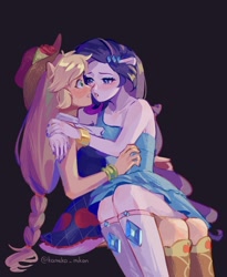 Size: 1800x2200 | Tagged: safe, artist:kameko_mikan, derpibooru import, applejack, rarity, equestria girls, equestria girls (movie), bare shoulders, blushing, clothes, cuddling, dress, drunk, duo, fall formal outfits, female, lesbian, lidded eyes, ponied up, pony ears, rarijack, shipping, sitting on lap, sleeveless, strapless, surprised, wide eyes