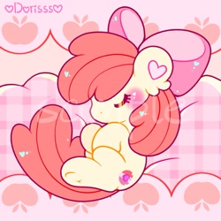 Size: 1843x1843 | Tagged: safe, artist:pinkdorisss, derpibooru import, apple bloom, earth pony, pony, adorabloom, blushing, chibi, cute, female, filly, foal, sample, sleeping, solo