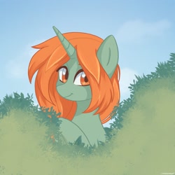 Size: 1536x1536 | Tagged: safe, artist:chickenbrony, derpibooru import, oc, pony, unicorn, bush, looking at you, orange eyes, redhead, smiling, solo