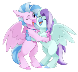 Size: 3042x2799 | Tagged: safe, artist:luximus17, derpibooru import, silverstream, oc, oc:ocean breeze, oc:ocean breeze (savygriffs), classical hippogriff, hippogriff, canon x oc, duo, hippogriff oc, hug, oceanstream, one eye closed, simple background, transparent background, wink