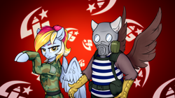 Size: 1996x1116 | Tagged: safe, artist:colourwave, derpibooru import, oc, oc only, oc:colourwave, griffon, pegasus, call of duty, call of duty: modern warfare 2019, clothes, dancing, duo, eared griffon, female, gas mask, general barkov, griffon oc, j-12, jojack, mask, military uniform, parody, parody of a parody, pegasus oc, spread wings, uniform, wings