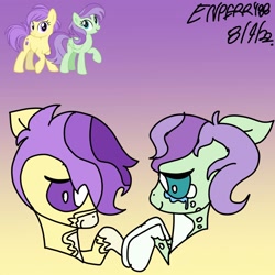 Size: 2048x2048 | Tagged: safe, artist:enperry88, derpibooru import, berry sweet, violet twirl, earth pony, pegasus, pony, berrytwirl, coat markings, crying, duo, duo female, female, friendship student, gradient background, happy, holding, holding hooves, lesbian, looking at each other, looking at someone, love, mare, pinto, raised hoof, raised leg, shipping, simple background, smiling, smiling at each other, socks (coat marking), tears of joy, violet background, yellow background
