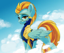 Size: 1280x1071 | Tagged: safe, artist:kovoranu, artist:skitsroom, derpibooru import, lightning dust, pegasus, pony, collaboration, clothes, dock, ear fluff, ears, female, goggles, leg fluff, mare, solo, tail, uniform, wings, wonderbolt trainee uniform