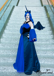 Size: 714x1000 | Tagged: safe, artist:blizzardterrak, derpibooru import, princess luna, human, bare shoulders, blue lipstick, clothes, cosplay, costume, fanimecon, irl, irl human, photo, solo, stairs