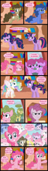 Size: 477x1674 | Tagged: safe, artist:gutovi, derpibooru import, berry punch, berryshine, blues, carrot top, doctor whooves, golden harvest, noteworthy, pinkie pie, princess celestia, twilight sparkle, unicorn twilight, alicorn, earth pony, pony, unicorn, comic:grace pinkie, angry, blood, blushing, book, bookshelf, butt, clothes, cloud, comic, confused, crown, dialogue, discorded, dyed mane, ears, egg, eyes closed, fake horn, fake wings, female, floppy ears, freddie mercury, golden oaks library, grace kelly (song), horn, jewelry, mare, meanie pie, messy mane, mika, necktie, nosebleed, parody, pinkamena diane pie, plot, regalia, sad, shoes, shrunken pupils, sitting, smiling, song reference, speech bubble, text, twilight snapple, unamused