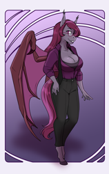 Size: 1720x2729 | Tagged: safe, artist:blackblood-queen, oc, oc only, oc:magenta scroll, anthro, bat pony, unguligrade anthro, anthro oc, bat pony oc, big breasts, breasts, clothes, commission, fangs, female, freckles, glasses, mare, pants, shirt, slit eyes, smiling