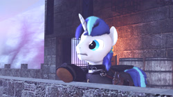 Size: 3840x2160 | Tagged: safe, artist:feathertrap, editor:unie, shining armor, pony, unicorn, 3d, armor, castle, fortress, high res, knight, male, scabbard, scowl, shield, snow, source filmmaker, stallion, sword, warrior, weapon