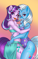 Size: 660x1020 | Tagged: safe, artist:bumblebun, artist:inkkeystudios, twibooru import, starlight glimmer, trixie, anthro, bikini, breasts, cleavage, clothes, female, females only, grin, hug, lesbian, lidded eyes, looking at you, mare, raspberry, shipping, smiling, startrix, swimsuit, symmetrical docking, tongue, tongue out