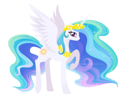 Size: 1200x1000 | Tagged: safe, artist:joellethenose, derpibooru import, princess celestia, alicorn, pony, female, flower, lei, lineless, looking at you, mare, profile, raised hoof, raised leg, signature, simple background, smiling, smiling at you, solo, spread wings, transparent background, wings